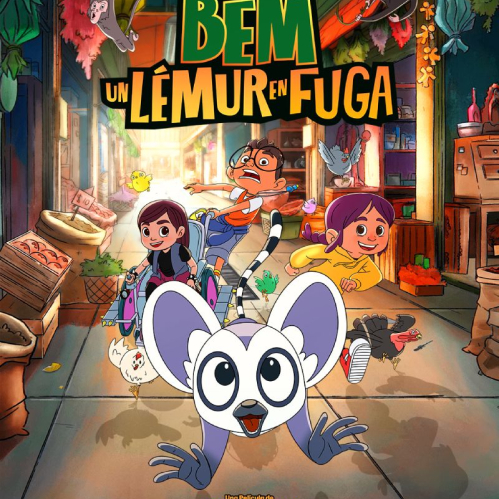 Póster animado con un pequeño lémur corriendo por un mercado mientras tres niños lo persiguen.