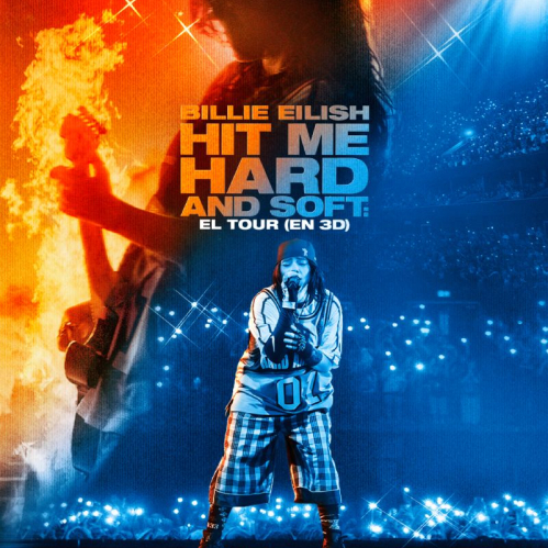 Póster oficial del filme Hit Me Hard And Soft: El Tour (en 3D), que muestra a Billie Eilish en el escenario rodeada de luces azules y un fondo naranja con la silueta de un músico.