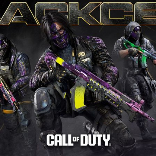 Arte promocional del paquete BlackCell para la Temporada 6 con tres operadores vistiendo atuendos tácticos oscuros con detalles en tonos morados, dorados y máscaras personalizadas.