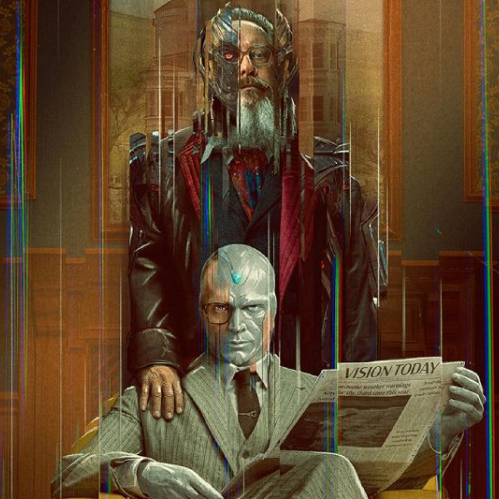 Póster promocional con distorsión visual de líneas verticales que muestra a Vision sentado en un sillón leyendo un periódico y a Ultrón de pie detrás de él en un espacio elegante.