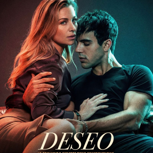 Póster oficial del filme Deseo que muestra a Ludwika Paleta y Óscar Casas en una pose sugerente con iluminación en tonos azul y naranja.