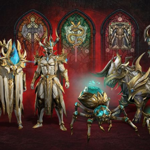 Grupo de personajes y criaturas blindadas con detalles dorados y cristales azules frente a vitrales de estilo gótico.