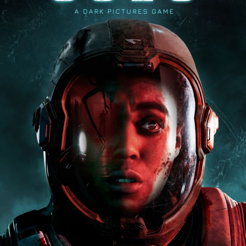 Astronauta con casco iluminado en rojo dentro de una nave oscura.