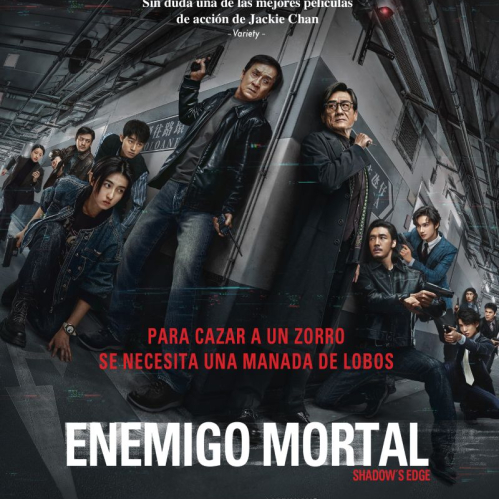 Póster oficial con Jackie Chan y elenco armado en un corredor industrial oscuro.