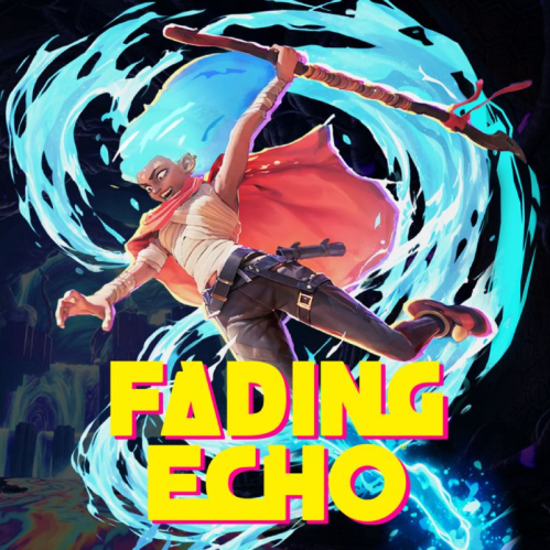 Ilustración promocional del videojuego Fading Echo que muestra a la protagonista One saltando con un báculo en la mano rodeada por una espiral de agua azul y una capa roja, sobre el logotipo del juego en letras amarillas.