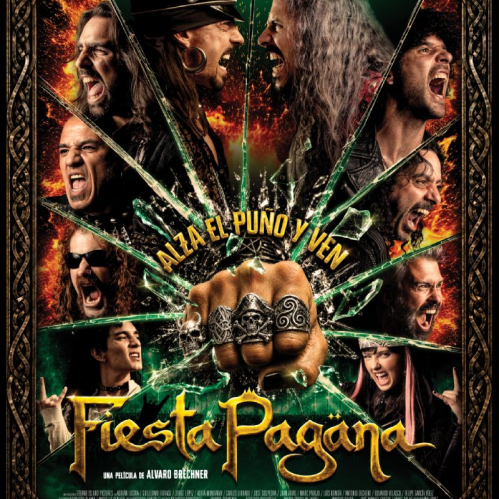 Póster oficial de la película Fiesta Pagäna con un puño rompiendo un cristal central, rodeado por los rostros expresivos del elenco principal y el lema "Alza el puño y ven".
