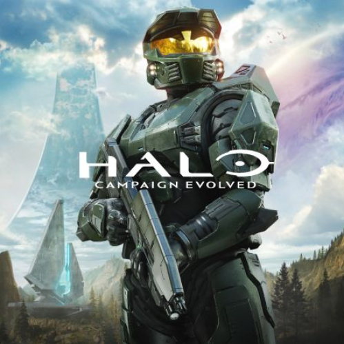 Ilustración promocional de Halo: Campaign Evolved que muestra al Master Chief de pie sosteniendo su rifle con el anillo Halo, montañas y un cielo nublado al fondo detrás del logotipo oficial en blanco.