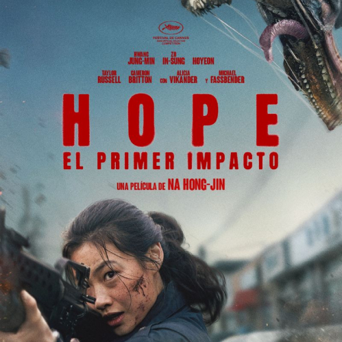 Póster oficial de "HOPE: El Primer Impacto" mostrando a Hoyeon apuntando con un rifle en la parte inferior mientras una criatura gigantesca abre las fauces en la parte superior.