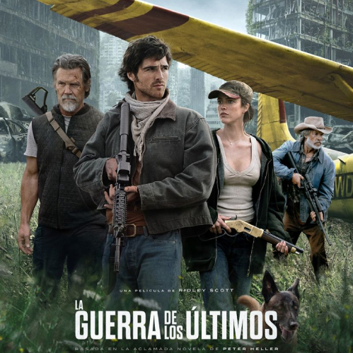 Póster oficial de la película La Guerra de los Últimos mostrando a Josh Brolin, Jacob Elordi, Margaret Qualley y Scott Glenn armados junto a una avioneta amarilla en un entorno postapocalíptico.