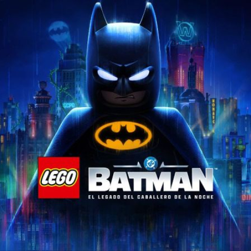 Batman LEGO frente a Gotham iluminada bajo lluvia con estética heroica.