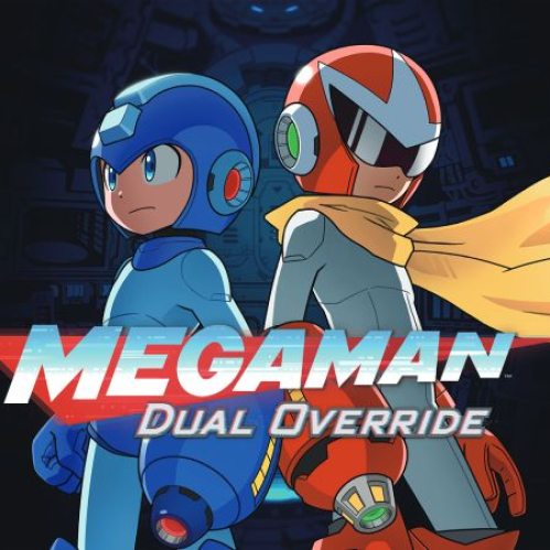 Ilustración principal de Mega Man: Dual Override con Mega Man y Proto Man posando espalda con espalda frente a un fondo tecnológico.