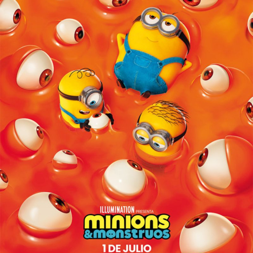 Minions flotando en un líquido naranja rodeados de ojos gigantes.
