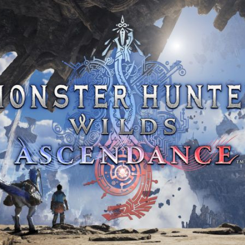 Logotipo oficial de Monster Hunter Wilds: Ascendance sobre un impresionante paisaje de islas flotantes y cielos abiertos con un cazador y su montura en primer plano.