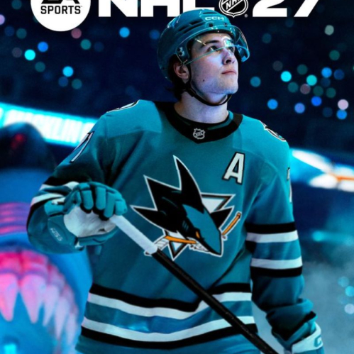 Portada oficial del videojuego EA Sports NHL 27 mostrando a un jugador estrella luciendo el uniforme verde turquesa con el logo de tiburón y la letra A de capitán sobre el hielo.