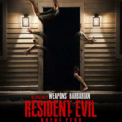 Póster oficial promocional de la película Resident Evil: Noche Cero, mostrando el marco de una puerta de casa envuelto en oscuridad de donde sobresalen múltiples extremidades humanas y deformes en posiciones grotescas, con el título en letras rojas en la parte inferior.