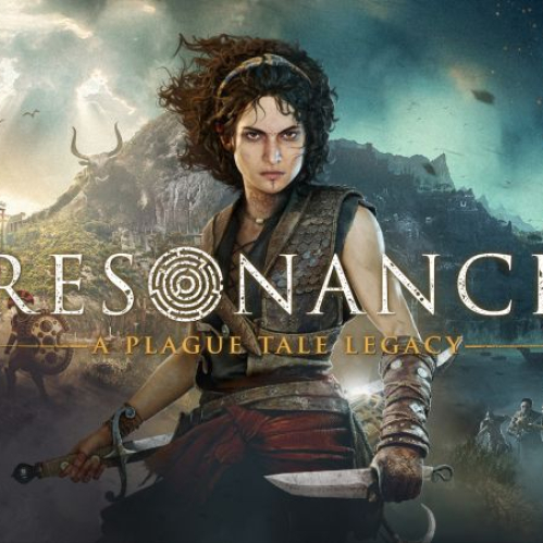 Arte conceptual de portada con Sophia sosteniendo espadas en primer plano con la Isla del Minotauro y guerreros de fondo.