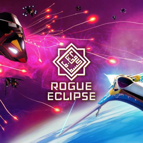 Arte principal de Rogue Eclipse mostrando dos naves espaciales en combate disparando proyectiles con un fondo galáctico de tonalidades violetas y doradas.