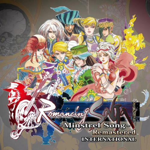 Ilustración principal de Romancing SaGa -Minstrel Song- Remastered International mostrando al elenco de ocho héroes protagonistas con el logotipo del juego.