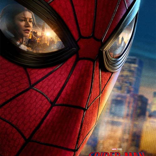 Póster oficial en primer plano de la máscara de Spider-Man, donde en el lente izquierdo del traje se refleja el rostro de MJ (Zendaya) sobre el atardecer de los rascacielos de Nueva York.