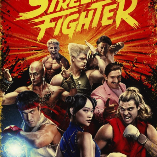 Póster oficial de la película "Street Fighter" con fondo rojo y amarillo estilizado, mostrando al elenco principal caracterizado como Ryu, Ken, Chun-Li, Guile, Dhalsim y otros luchadores en poses de combate.