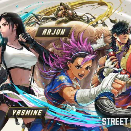 Arte promocional del Pase de Personajes del Año 4 de Street Fighter 6 con ilustraciones estilo pincelada de Tifa, Arjun, Yasmine y Bosch.