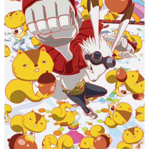 Póster colorido con personaje tipo conejo antropomórfico en pose de acción rodeado de criaturas amarillas flotando en un entorno digital.