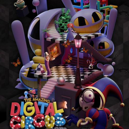Arte promocional con personajes del circo digital en entorno surrealista.