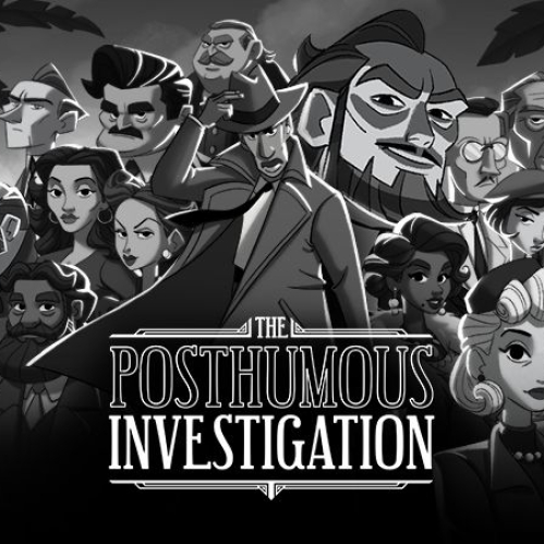 Ilustración principal en blanco y negro mostrando al detective y a los 14 sospechosos del juego reunidos con el título The Posthumous Investigation.