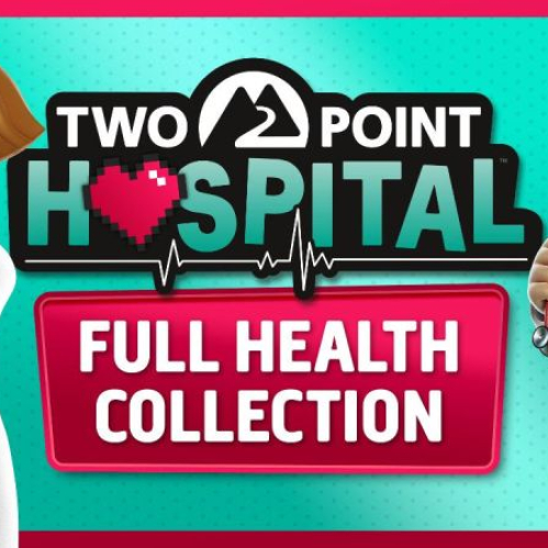 Ilustración promocional oficial de Two Point Hospital: Full Health Collection con dos médicos de aspecto caricaturesco posando sonrientes a los lados del logotipo principal.