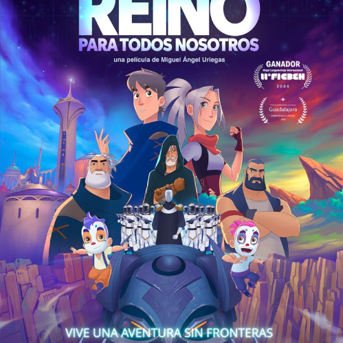Póster oficial de "Un Reino Para Todos Nosotros" con los personajes principales, incluyendo al joven aprendiz, su hermana, ancianos guerreros y criaturas fantásticas bajo un cielo estrellado.