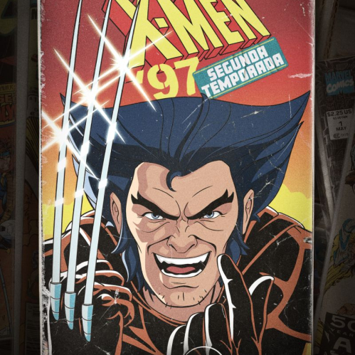 Póster retro con Wolverine en pose agresiva sobre estética clásica de cómic.