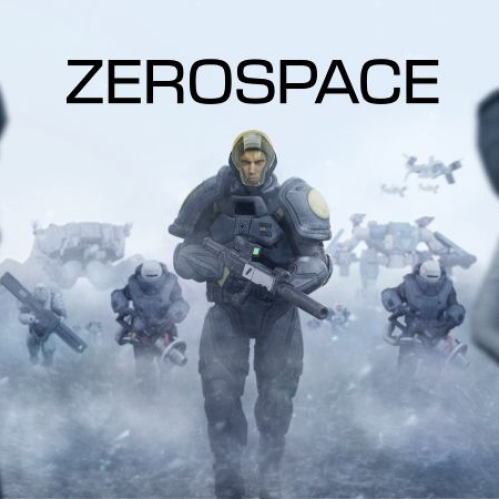 Arte promocional del juego ZeroSpace mostrando a un escuadrón de soldados futuristas fuertemente armados avanzando a través de un entorno helado y brumoso con mechas al fondo.