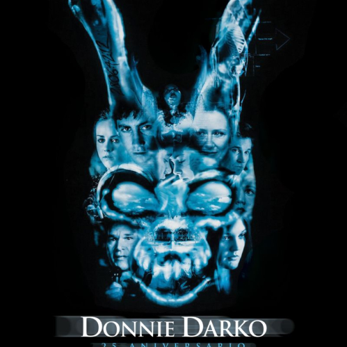 Póster del 25 aniversario de Donnie Darko con la icónica máscara de conejo en tonos azules.