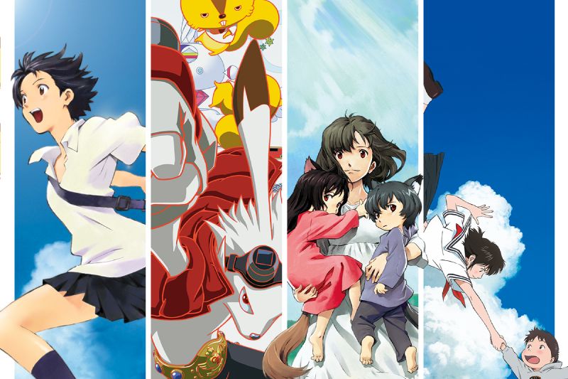 Ciclo Mamoru Hosoda en cines Póster con cuatro paneles que muestran escenas de películas de Mamoru Hosoda, con un anuncio de estreno en cines durante mayo.