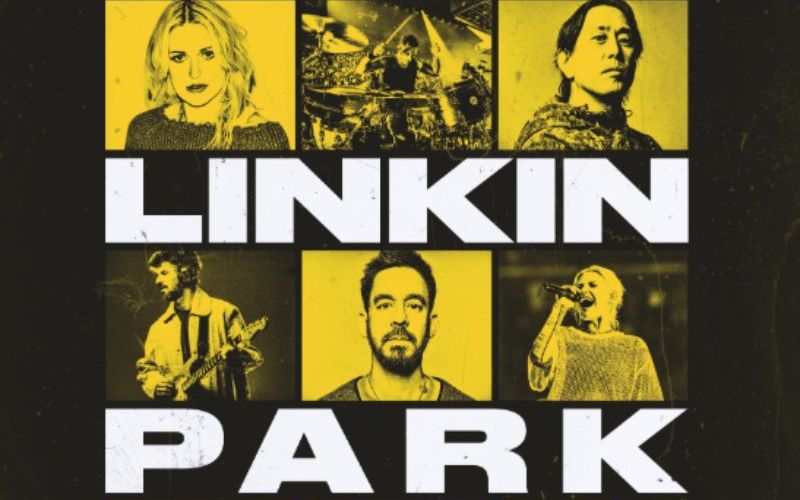 Póster promocional vertical con un diseño en retícula tipo mosaico con tonos amarillos, negros y blancos. En la parte superior se observa el logotipo circular de Linkin Park. La imagen está dividida en cuadros que muestran a cada uno de los integrantes de la banda: Mike Shinoda, Joe Hahn, Brad Delson, Dave Farrell, Emily Armstrong y Colin Brittain, intercalados con fotografías en blanco y negro de presentaciones en concierto. Al centro destacan las letras grandes "LINKIN PARK UNSHATTER" acompañadas del eslogan "THE HARDEST PART OF ENDING IS STARTING AGAIN". En el tercio inferior se lee la fecha "IN THEATERS SEPT. 30" y la frase "TICKETS AT UNSHATTERMOVIE.COM" junto a las marcas SCREENX y 4DX.