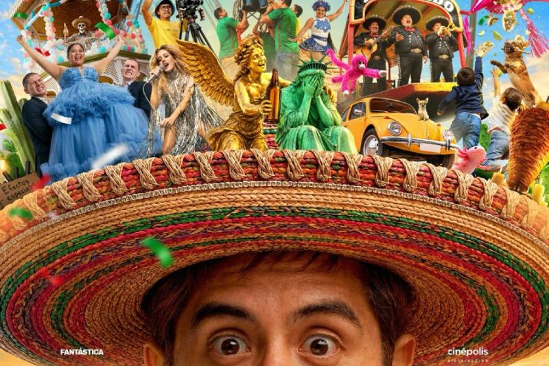 Póster oficial de la película en formato horizontal sobre un fondo amarillo vivo. En la parte inferior destaca el primer plano de los ojos y la frente del comediante Daniel Sosa portando un sombrero charro gigante de paja. Sobre la copa y ala del sombrero se despliega una abarrotada escena surrealista: a la izquierda, una quinceañera con vestido azul esponjoso y sus invitados; al centro, cantantes, estatuas doradas y la Estatua de la Libertad sosteniendo una cerveza; a la derecha, un taxi vocho amarillo, mariachis en una trajinera, niños corriendo tras un trompo de pastor, un ajolote rosa y un perro volando. Abajo a la derecha se observa el logotipo de Cinépolis Distribución.