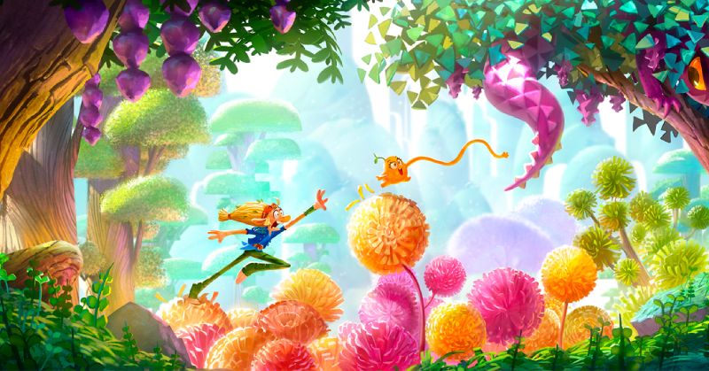 Arte conceptual colorido y vibrante de un bosque mágico con plantas fantásticas donde un personaje salta intentando alcanzar a una pequeña criatura de arcilla flotante.