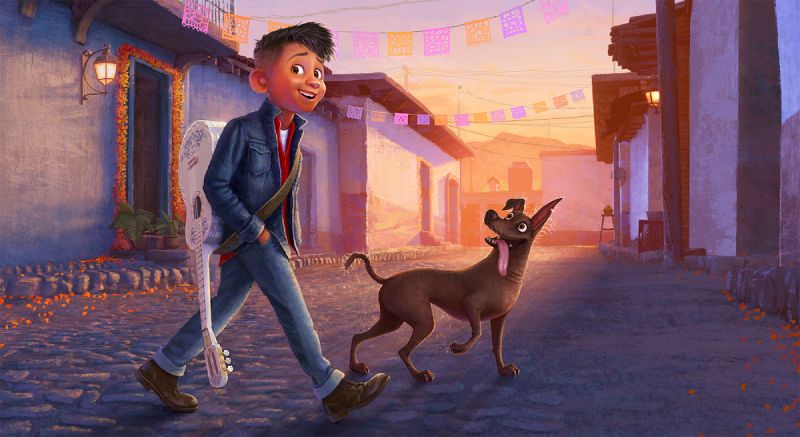 Arte conceptual que muestra a Miguel como un joven adolescente caminando por una calle de empedrado al atardecer con su guitarra blanca en la espalda, acompañado por su perro Dante.