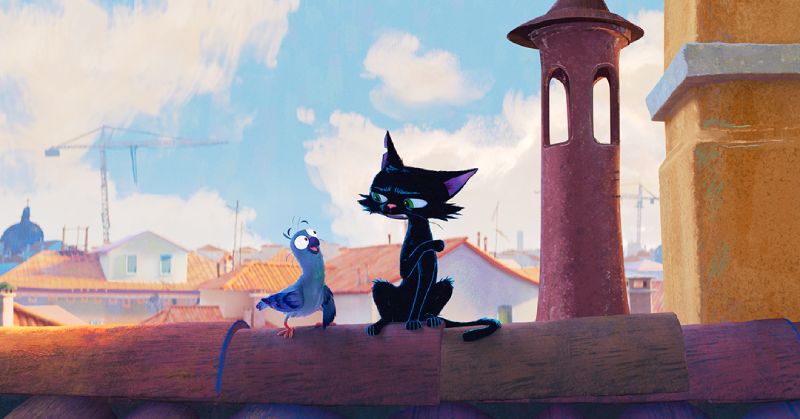 Ilustración en estilo artístico de un gato negro de ojos verdes sentado en un tejado de Venecia conversando con una paloma azul bajo un cielo despejado.