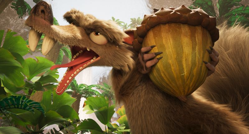 Imagen promocional en 3D que muestra a Scrat sosteniendo una bellota gigante en medio de una selva prehistórica.
