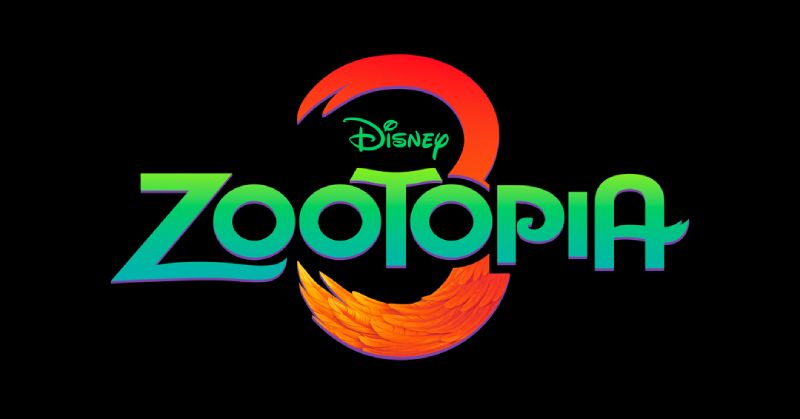 Logotipo oficial de Zootopia 3 con letras verdes y un número 3 grande en color naranja con textura de plumas sobre fondo negro.