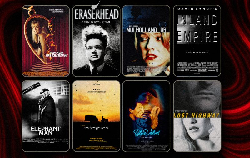 Póster promocional del ciclo cinematográfico Los Sueños de Lynch sobre un fondo de cortinas rojas plisadas al estilo de la habitación roja de Twin Peaks. El cartel reúne los pósteres individuales de ocho películas de David Lynch distribuidos en dos filas de cuatro. En la fila superior se observan las carátulas de Twin Peaks: Fire Walk with Me, Eraserhead en blanco y negro, Mulholland Drive con el rostro de Naomi Watts, e Inland Empire. En la fila inferior se encuentran los afiches de The Elephant Man en blanco y negro, The Straight Story con un paisaje al atardecer, Blue Velvet con tonalidades azules y neón, y Lost Highway en blanco y negro con tipografía amarilla.