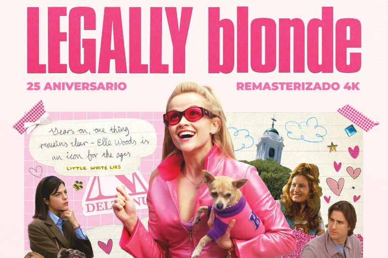 “Legalmente Rubia – 25 aniversario” – Arte promocional Protagonista rubia en atuendo rosa posando con su perro en un diseño conmemorativo del 25 aniversario.