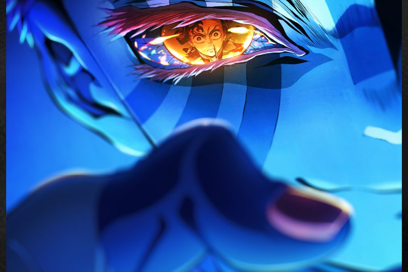 Póster promocional de “Demon Slayer: Kimetsu no Yaiba Castillo Infinito” en formato SCREENX con un primer plano de Akaza y el reflejo de Tanjiro en su ojo.