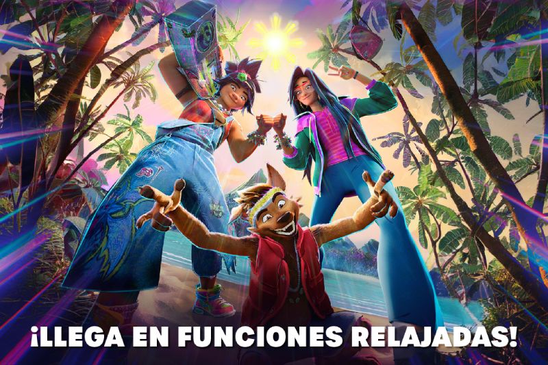 Póster promocional de la película animada La Isla Olvidada. Al centro aparecen las dos jóvenes protagonistas sonriendo y posando sobre un paisaje tropical con palmeras; en la parte inferior resalta un personaje animado cuadrúpedo con cinta en la cabeza y chaleco rojo abriendo los brazos. En el borde inferior destaca la leyenda "¡LLEGA EN FUNCIONES RELAJADAS!" en letras blancas sobre fondo oscuro.   