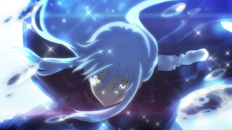 Rimuru en acción – Slime Movie Personaje de cabello azul avanzando entre destellos de luz en una escena de acción.