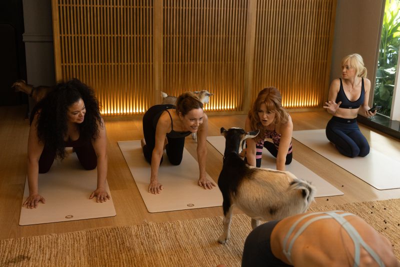Escena de yoga con cabras en Relajadas y muy peligrosas Las amigas en ropa deportiva participando en una extravagante clase de "goat yoga" en el spa mientras interactúan de forma graciosa con pequeñas cabras.