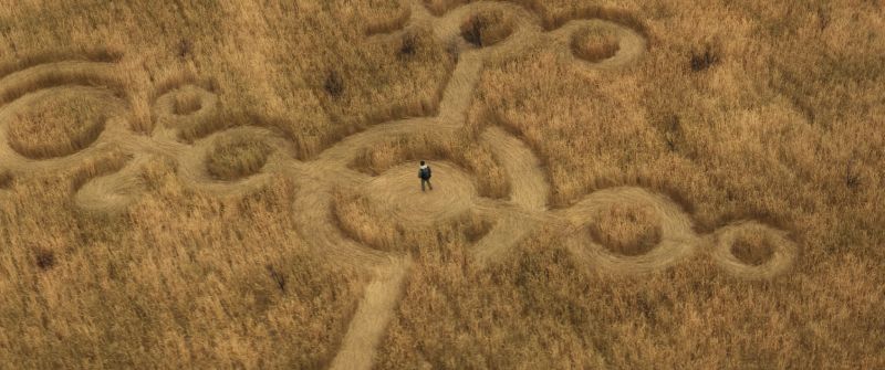 Vista aérea de un patrón circular trazado en un campo con una persona al centro.