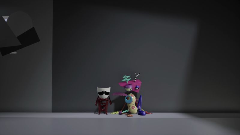 Digital Circus — Momento introspectivo Dos personajes sentados contra una pared en ambiente minimalista.