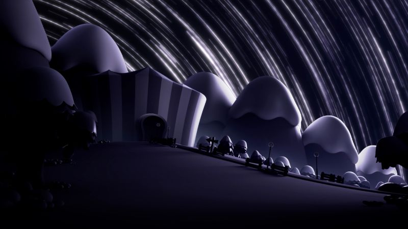 Digital Circus — Mundo digital Paisaje nocturno con estructura circense y cielo distorsionado.